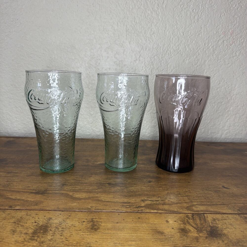 Lot of 3 Coca-Cola Contour Drinking Glasses Green Purple Embossed Logo